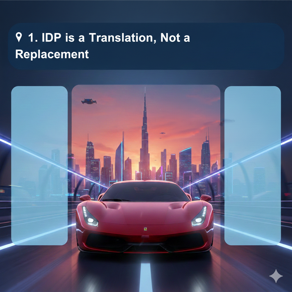 "1. IDP is a Translation, Not a Replacement" "User guide image showing the title '1. IDP is a Translation, Not a Replacement' at the top, luxury animated-style car in the center with Dubai skyline, and empty side spaces for key points."