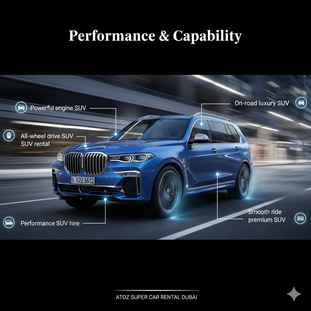 Performance & Capability BMW X7 user guide image showing a premium BMW X7 SUV in motion at the center with key points displayed on sides: Powerful engine SUV, All-wheel drive SUV rental, Performance SUV hire, On-road luxury SUV, Smooth ride premium SUV.
