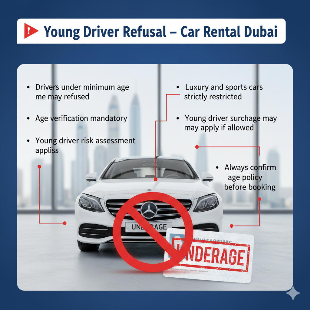 Infographic showing young driver refusal for car rentals in Dubai, highlighting age verification and restrictions around a central luxury rental car.