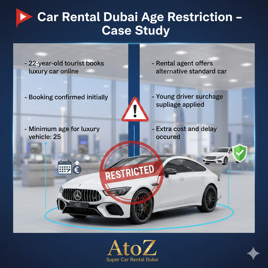 Infographic showing a 22-year-old tourist denied luxury car rental in Dubai due to age restriction, offered an alternative vehicle with young driver surcharge.