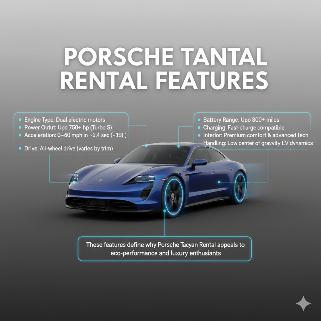User guide style image showing Porsche Taycan in the center with animated effects, dynamic title at the top, and feature bullet points on both sides.
