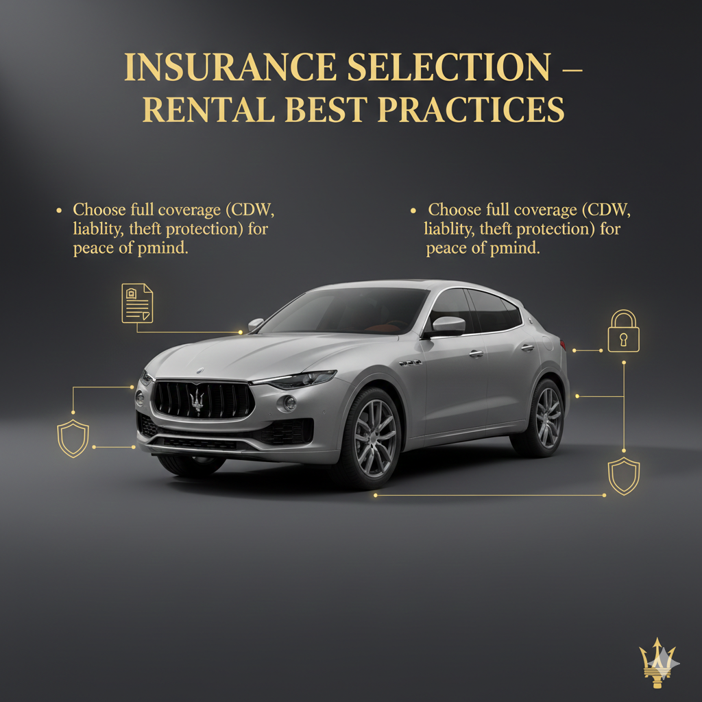 "Insurance Selection – Maserati Levante Rental Best Practices" "Infographic for 'Insurance Selection – Maserati Levante Rental Best Practices' showing title at the top, key insurance tip as a bullet on the sides, and a central high-quality Maserati Levante image with animated infographic-style icons for insurance and protection."