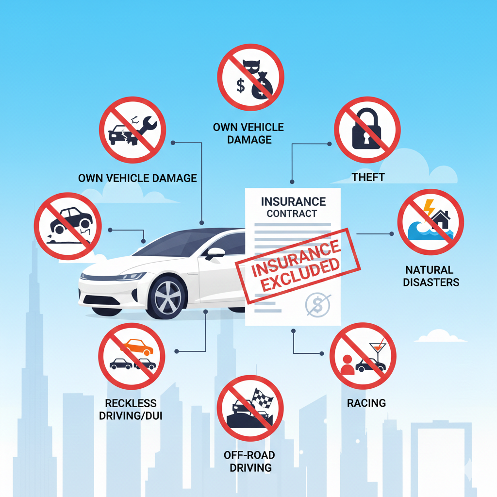 Exclusions Under Basic Insurance Coverage Rules Dubai Infographic showing excluded scenarios under Dubai basic insurance rules including theft, own car damage, and reckless driving