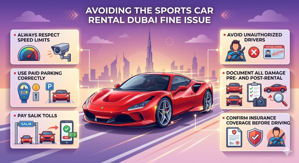 "Animated user guide infographic showing a premium sports car in the center with top title 'Avoiding the Sports Car Rental Dubai Fine Issue', key points on both sides about speed limits, parking, Salik tolls, authorized drivers, damage documentation, and insurance coverage, with Dubai skyline background."