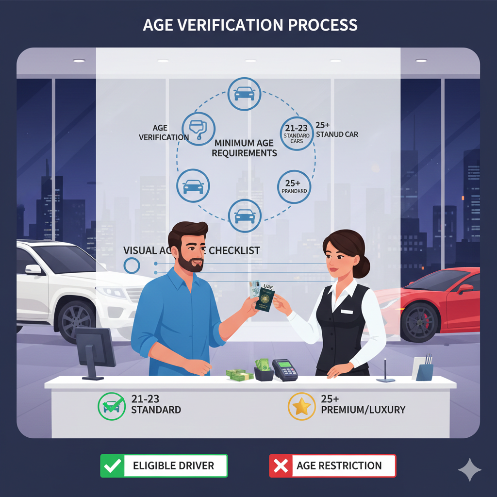 Dubai car rental customer showing ID for age verification, highlighting minimum age 21–23 for standard cars and 25+ for premium vehicles.