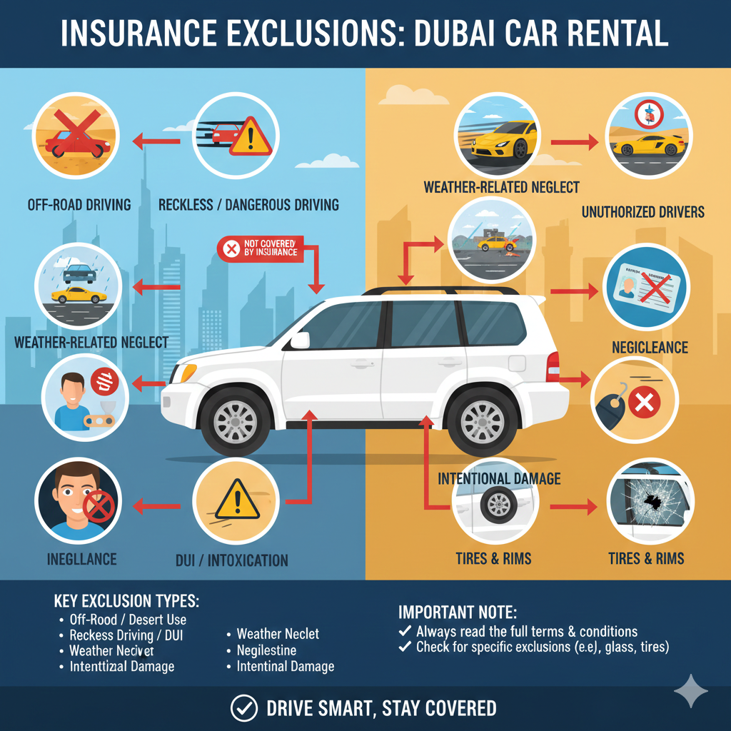 Illustration of a Dubai rental car with labeled insurance exclusions: off-road driving, reckless driving, weather-related neglect, unauthorized drivers, DUI/intoxication, negligence, tires & rims, and intentional damage