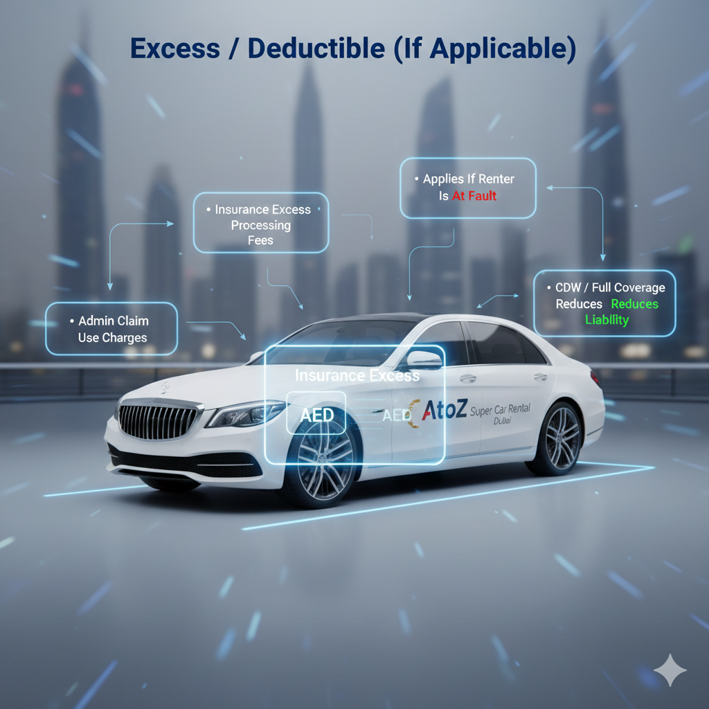 Infographic image explaining rental car insurance excess deductible, admin claim fees, loss of use charges, and CDW coverage reduction in Dubai accident claims.