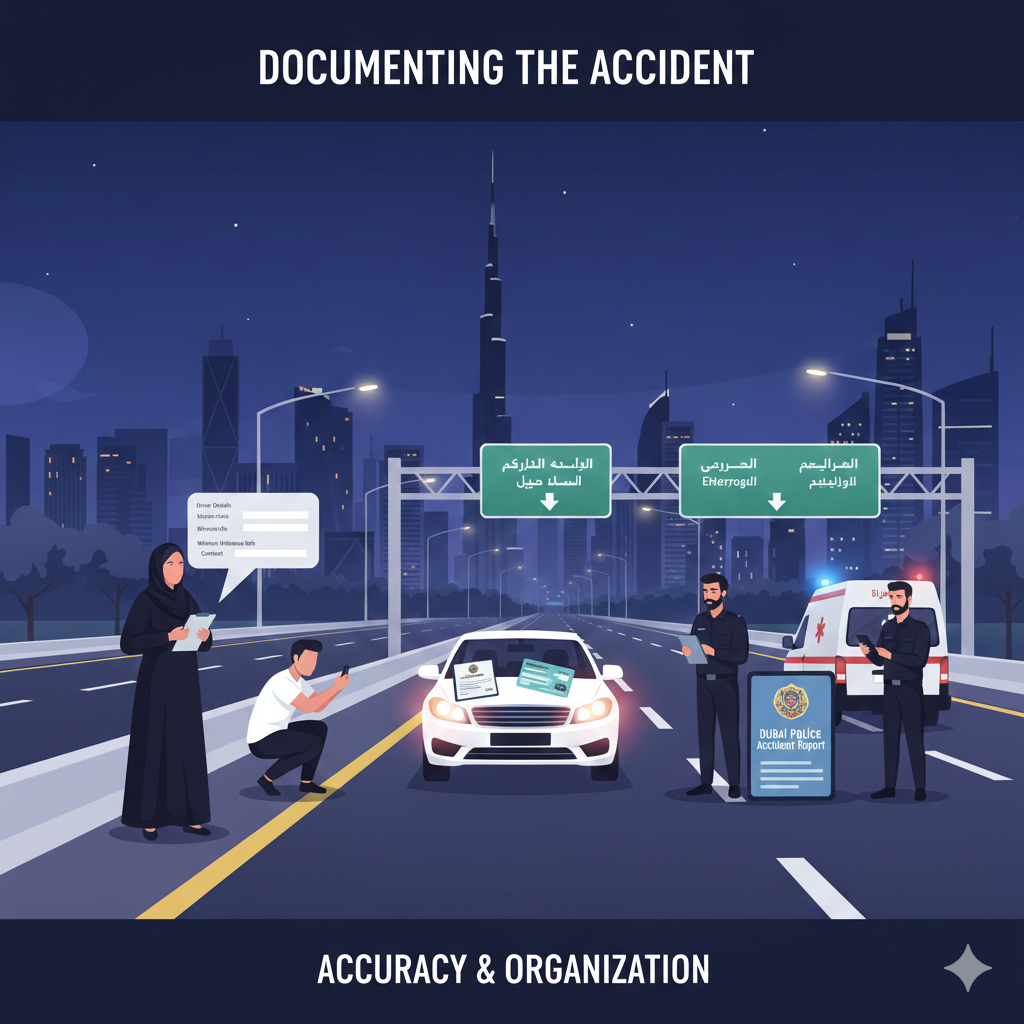 Illustration of a car accident scene in Dubai showing people taking photos, recording driver and witness details, and filling out the official Dubai Police report form.