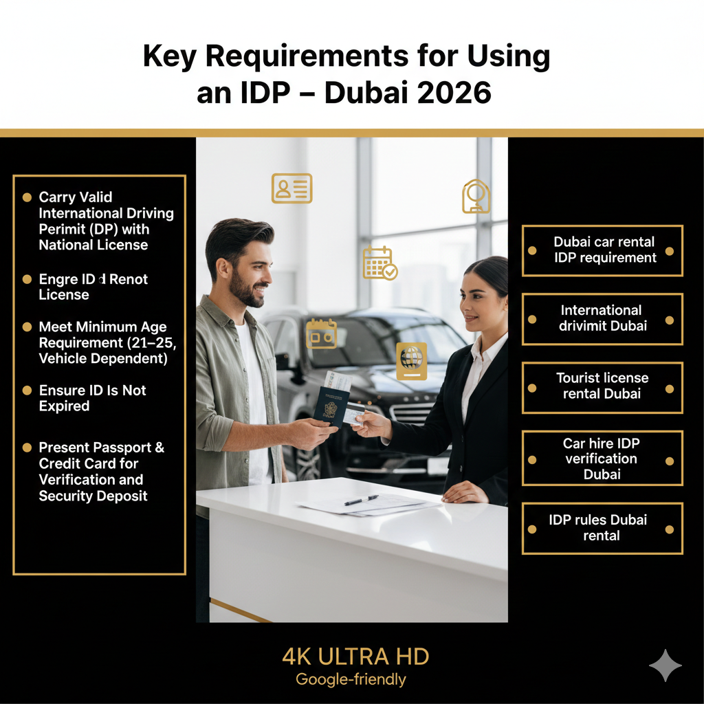 Infographic showing the key requirements for using an International Driving Permit (IDP) to rent cars in Dubai, including age verification, valid IDP, passport, and credit card for security deposit.