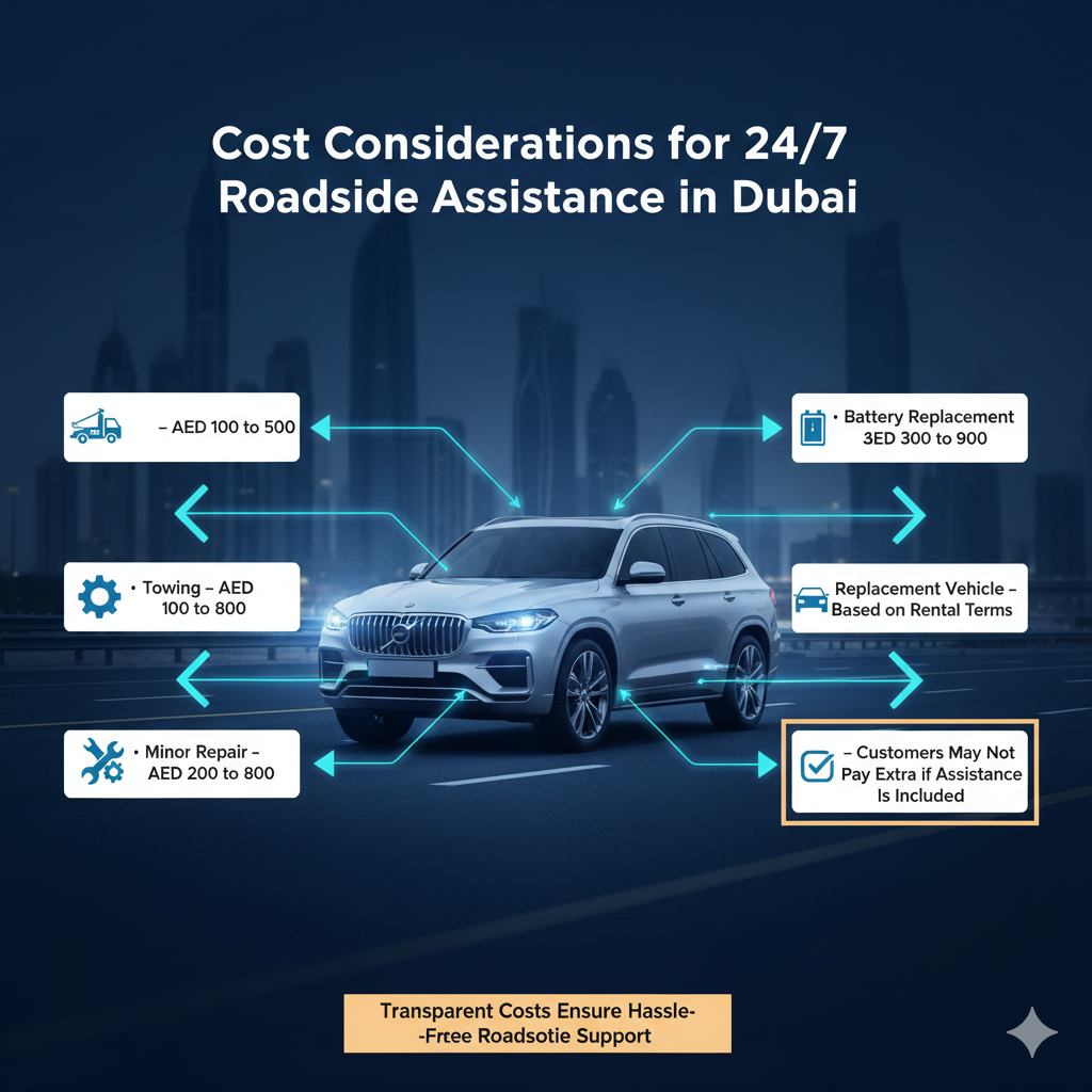 Cost Considerations for 24/7 Roadside Assistance in Dubai Infographic showing 24/7 roadside assistance cost considerations for rental cars in Dubai, with a central premium vehicle and side-listed service costs including towing, minor repair, battery replacement, and replacement vehicle.