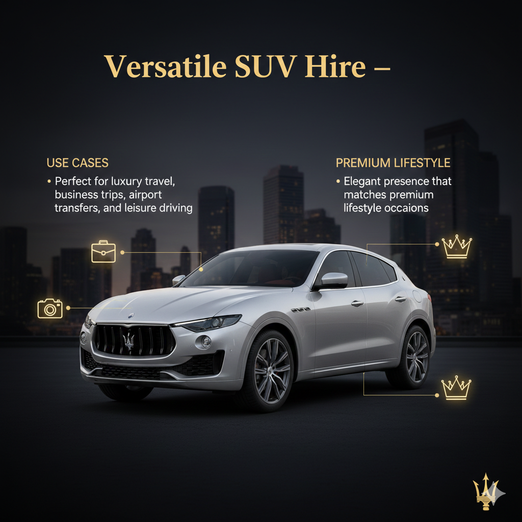 "Versatile SUV Hire – Maserati Levante Rental" "Infographic for 'Versatile SUV Hire – Maserati Levante Rental' showing title at the top, key use case features as bullet points on sides, and a central high-quality Maserati Levante image with animated infographic-style icons highlighting travel, business, airport, and leisure usage."