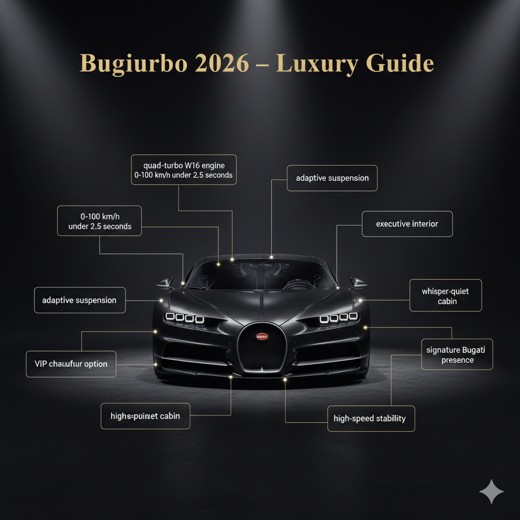Bugatti Chiron 2026 luxury guide cover image with hypercar in the center and key performance and comfort features highlighted as infographic points