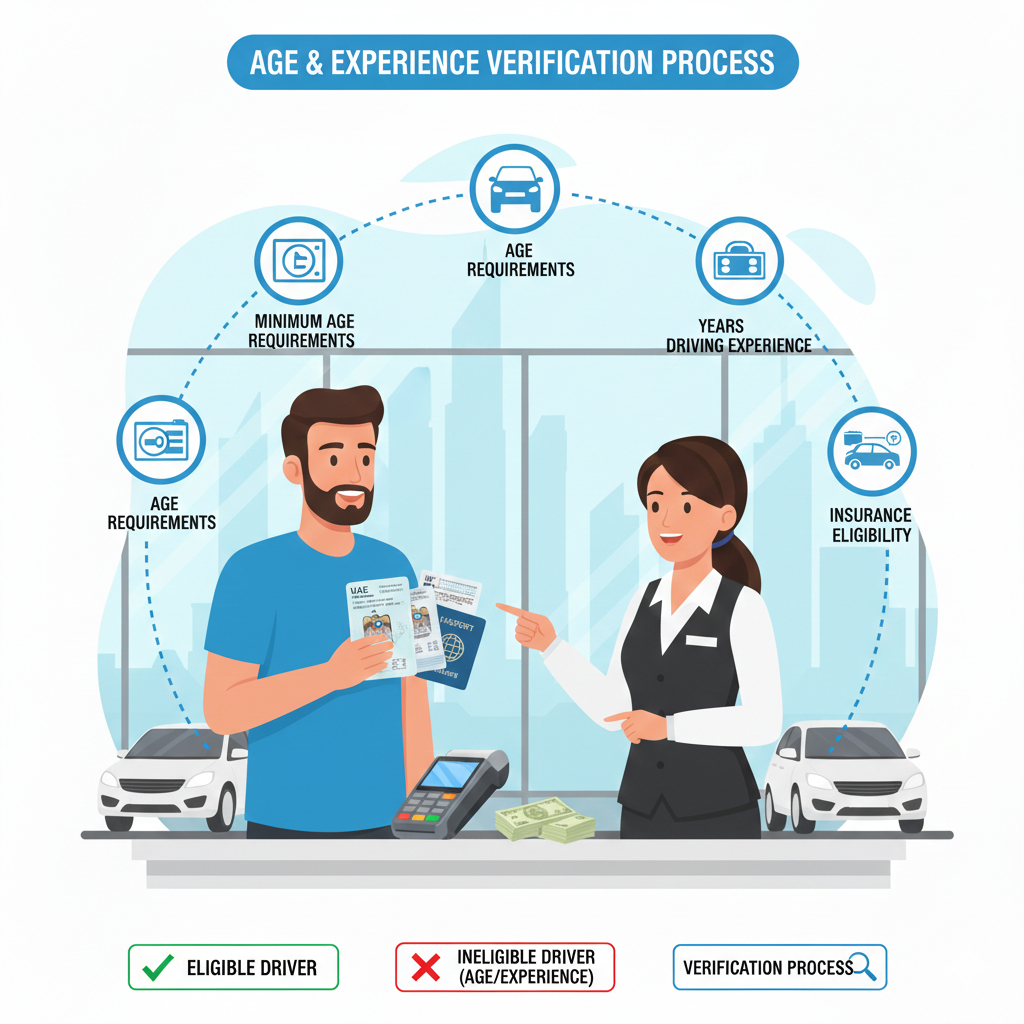 Dubai car rental customer presenting driving license and documents for age, experience, and insurance verification, illustrating driving license requirements for Dubai car rental.