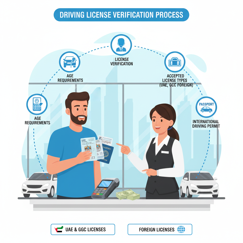Dubai car rental customer showing UAE license, GCC license, and International Driving Permit to clerk, illustrating accepted licenses, age, and experience rules.