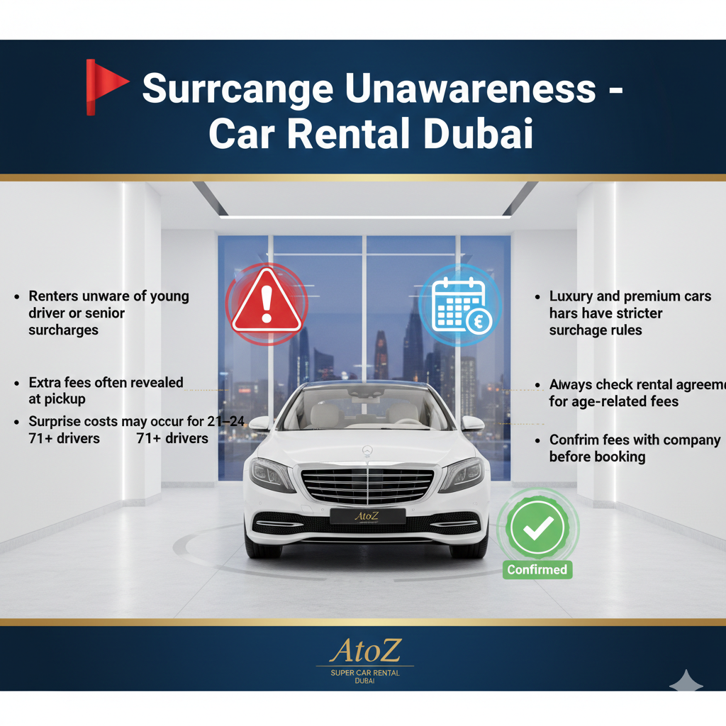Infographic showing surcharge unawareness for Dubai car rentals, highlighting hidden fees for young or senior drivers around a central luxury rental car.