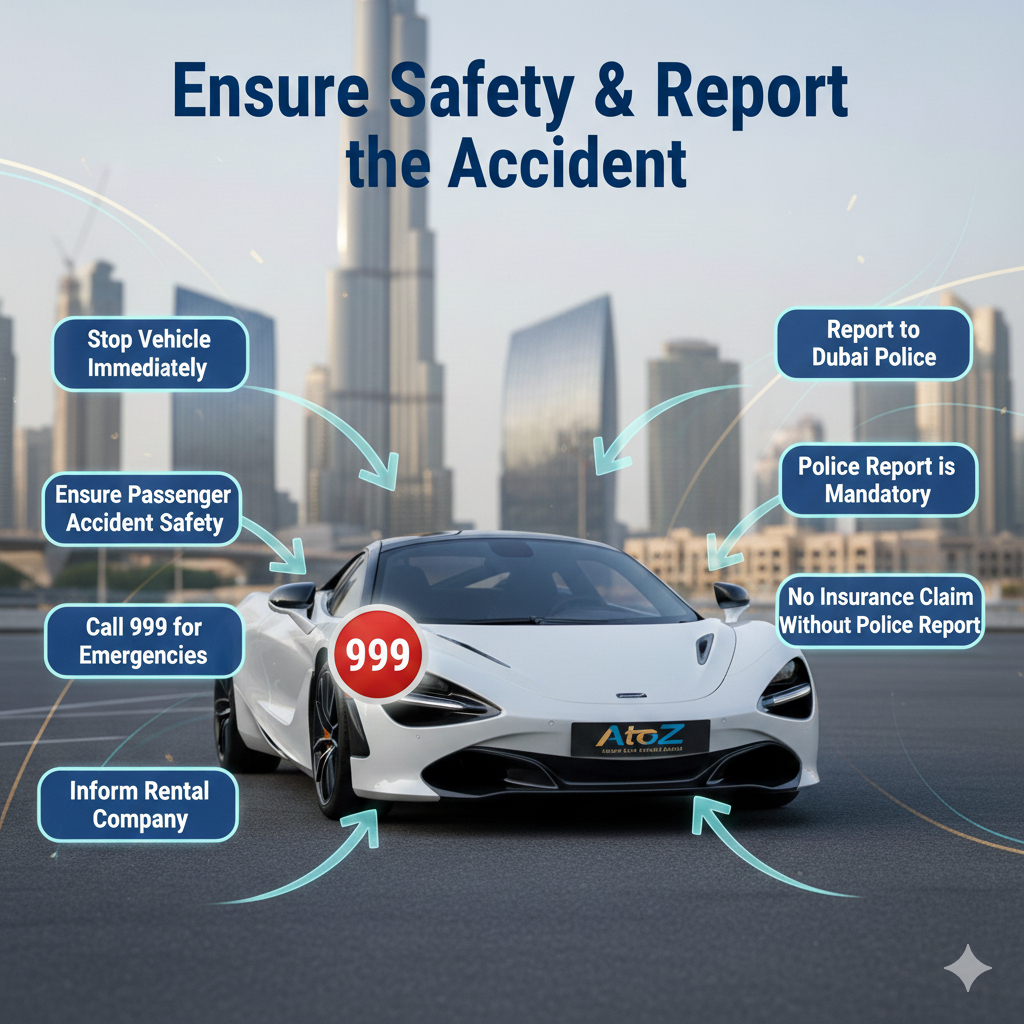 Infographic image showing rental car stopped safely in Dubai with emergency 999 call icon and Dubai Police reporting steps required for rental car accident insurance claim.