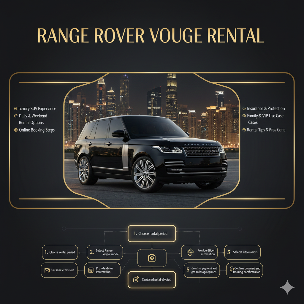 "Range Rover Vogue Rental user guide image showing central black Range Rover Vogue SUV, title at top, side panels listing luxury experience, rental options, booking steps, insurance, use cases, tips, and pros & cons in animated infographic style with Dubai skyline background."