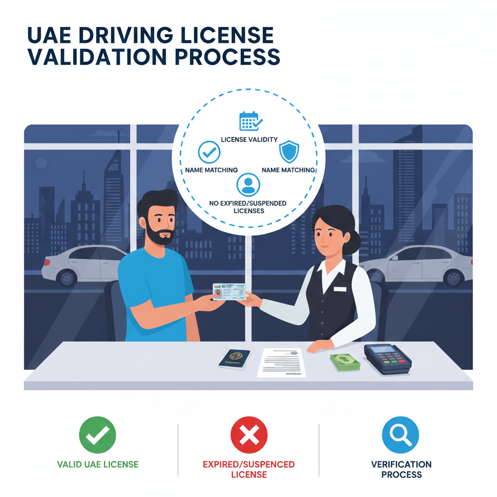 Dubai car rental customer showing valid UAE driving license to clerk with rental agreement, illustrating license validity and acceptance for car rental Dubai.