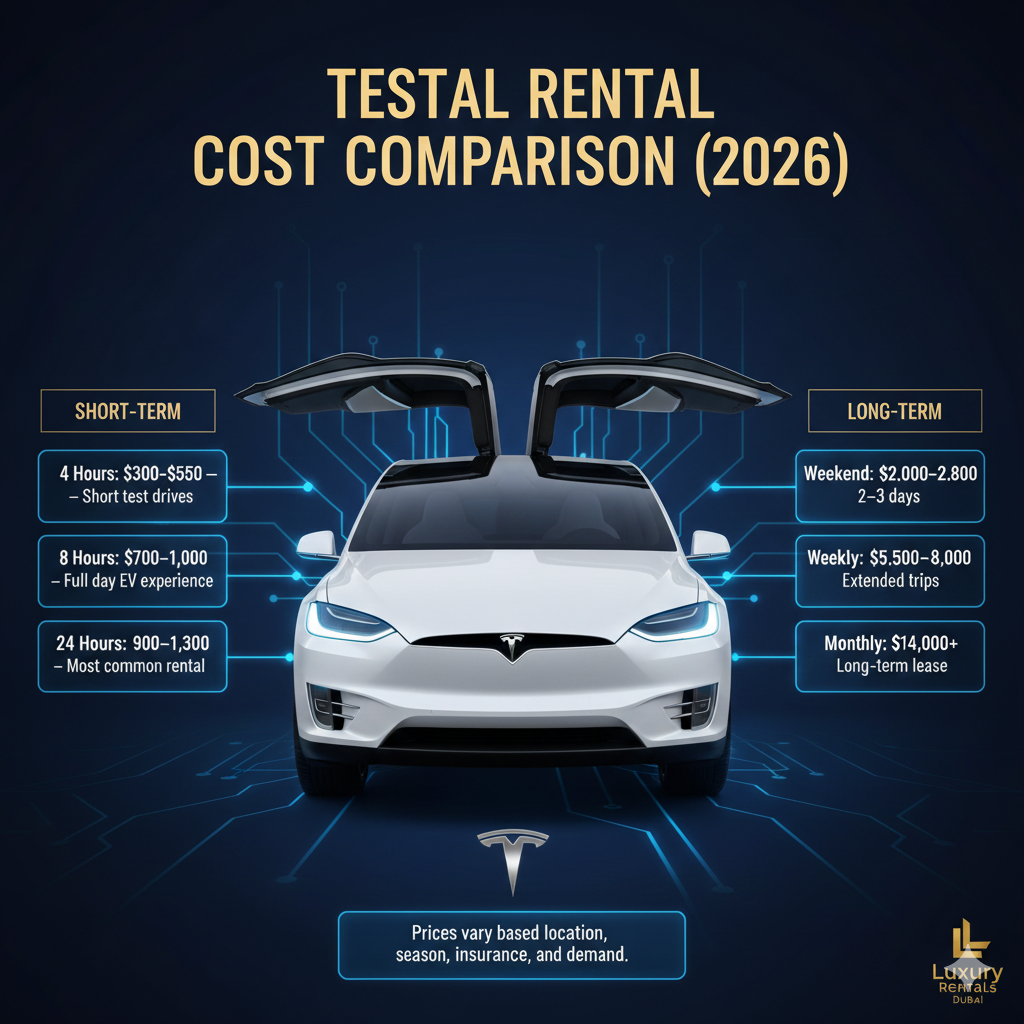 Tesla Model X Rental Cost Comparison (2026) – User Guide Illustration Luxury infographic-style user guide showing Tesla Model X in the center with title at the top and side spaces for rental cost comparison including 4 hours, 8 hours, 24 hours, weekend, weekly, and monthly rental rates with notes.