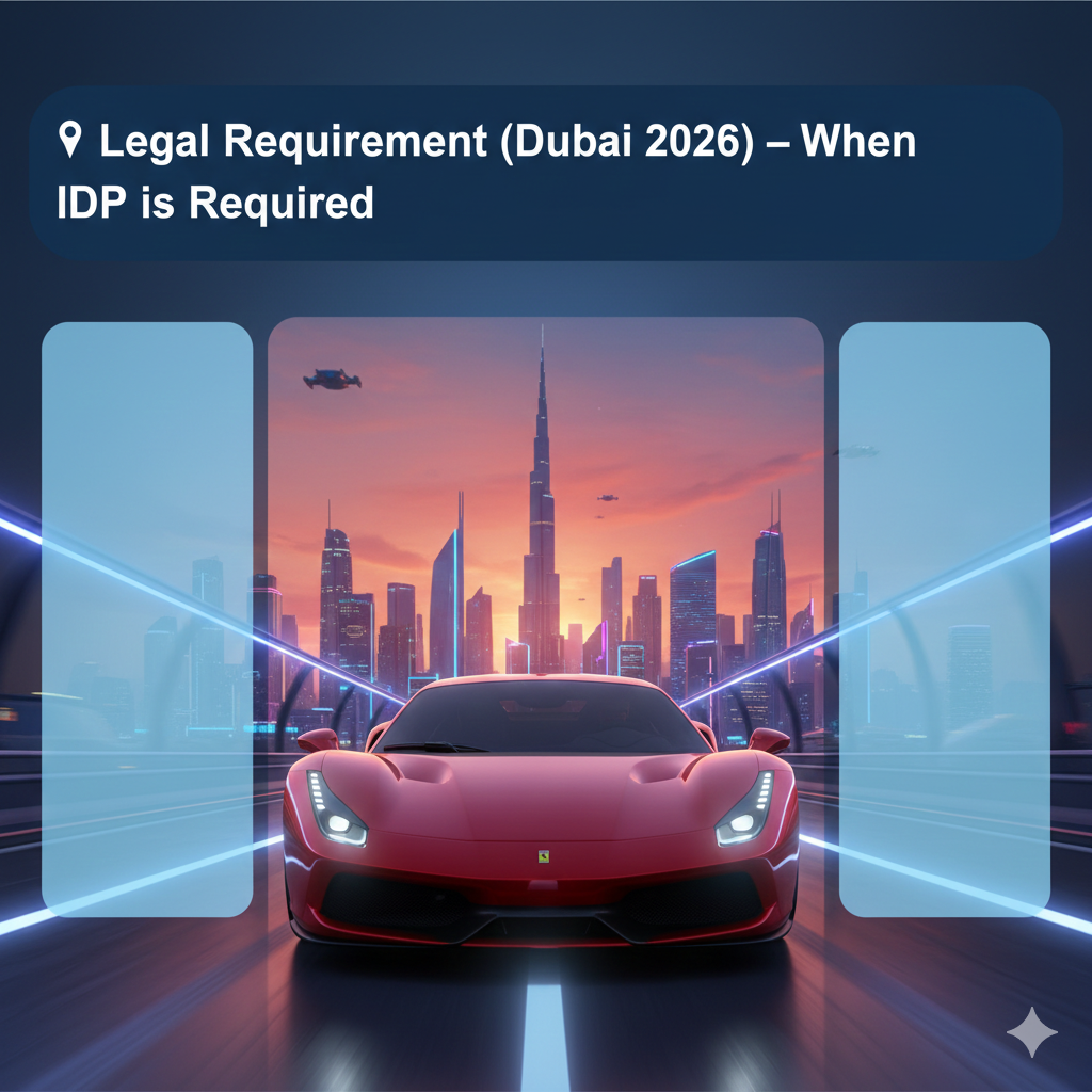 "📌 Legal Requirement (Dubai 2026) – When IDP is Required" "User guide image showing the title 'Legal Requirement (Dubai 2026) – When IDP is Required' at the top, a luxury animated-style car in the center, Dubai skyline background, and empty spaces on the sides for key points."