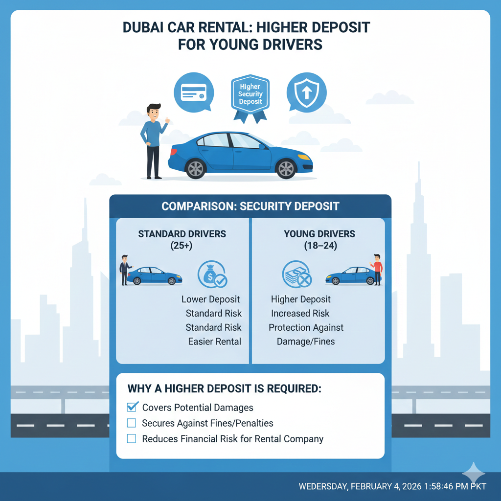 Infographic showing higher security deposits for Dubai young drivers aged 18–24, comparison with standard drivers, and icons for credit card, damage protection, and refundable deposit