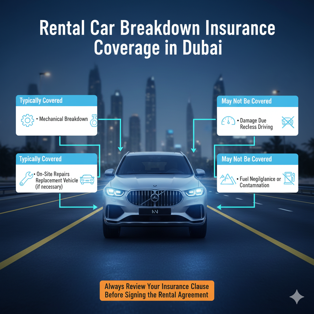 Rental Car Breakdown Insurance Coverage in Dubai Infographic showing rental car breakdown insurance coverage in Dubai with a central premium vehicle, highlighting typically covered services and exclusions on each side.