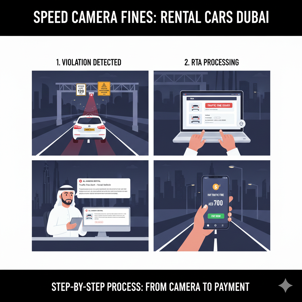 How Speed Camera Fines Work in Dubai – Feature Image Illustration of a rental car being captured by a speed camera in Dubai, with the driver checking a mobile fine notification and the rental company office in the background, showing the fine process workflow.