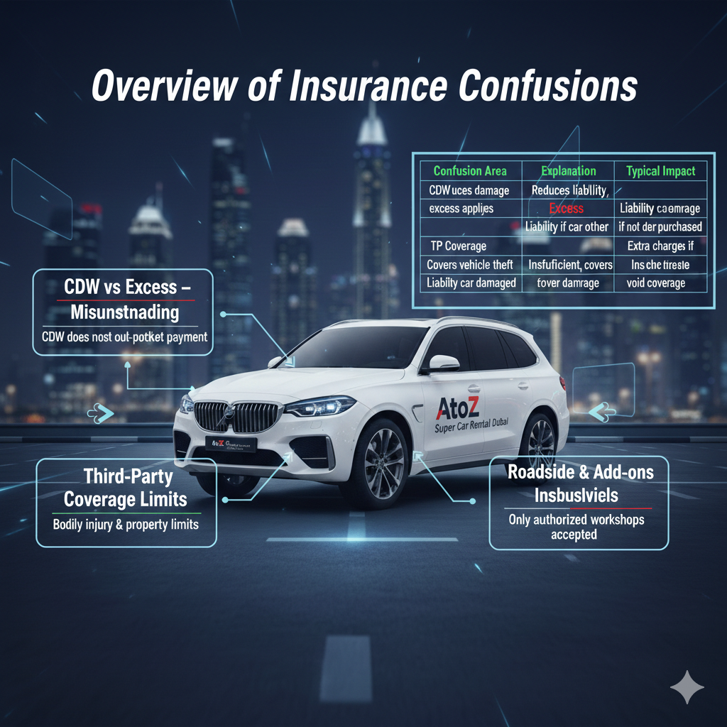 Rental Car Insurance Confusions Overview – Dubai 2026 Guide Infographic-style image showing luxury rental car with AtoZ Super Car Rental Dubai branding and a table summarizing insurance confusions: CDW vs Excess, TP coverage, third-party liability, add-ons, and repair authorization.