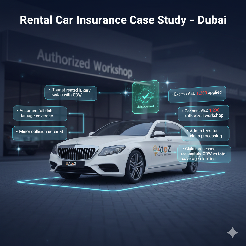 Dubai Rental Car Insurance Case Study – CDW vs Total Coverage Infographic-style image showing luxury rental car from AtoZ Super Car Rental Dubai with case study highlights: CDW assumption, minor collision, excess applied, authorized workshop, admin fees, and claim approval.