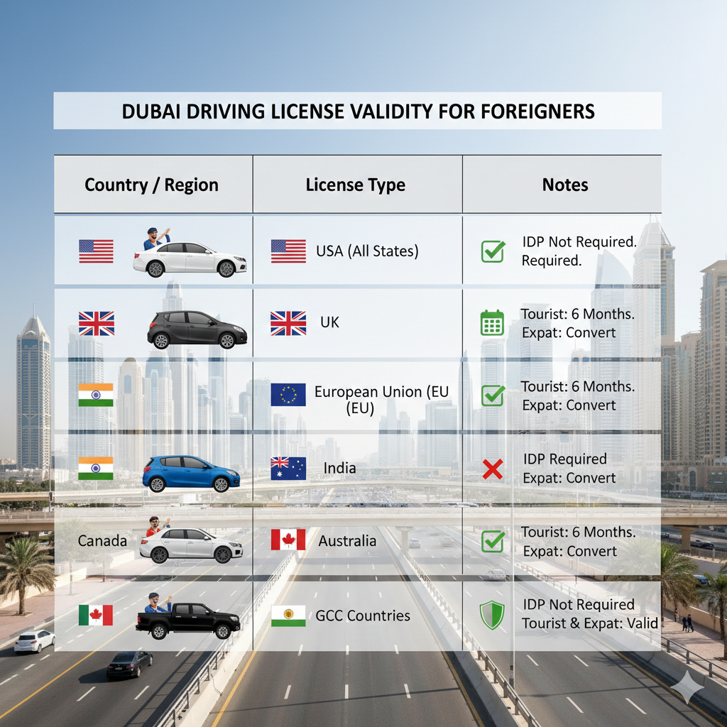 Table-style infographic showing valid foreign driving licenses in Dubai with notes on IDP and conversion requirements.