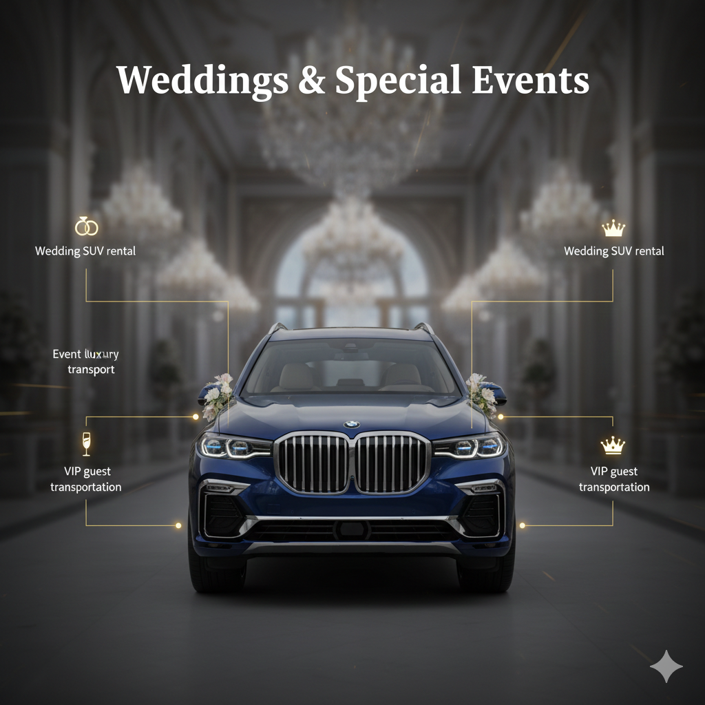 Weddings & Special Events BMW X7 user guide image showing a decorated BMW X7 SUV in the center with key points on sides: Wedding SUV rental, Event luxury transport, VIP guest transportation.
