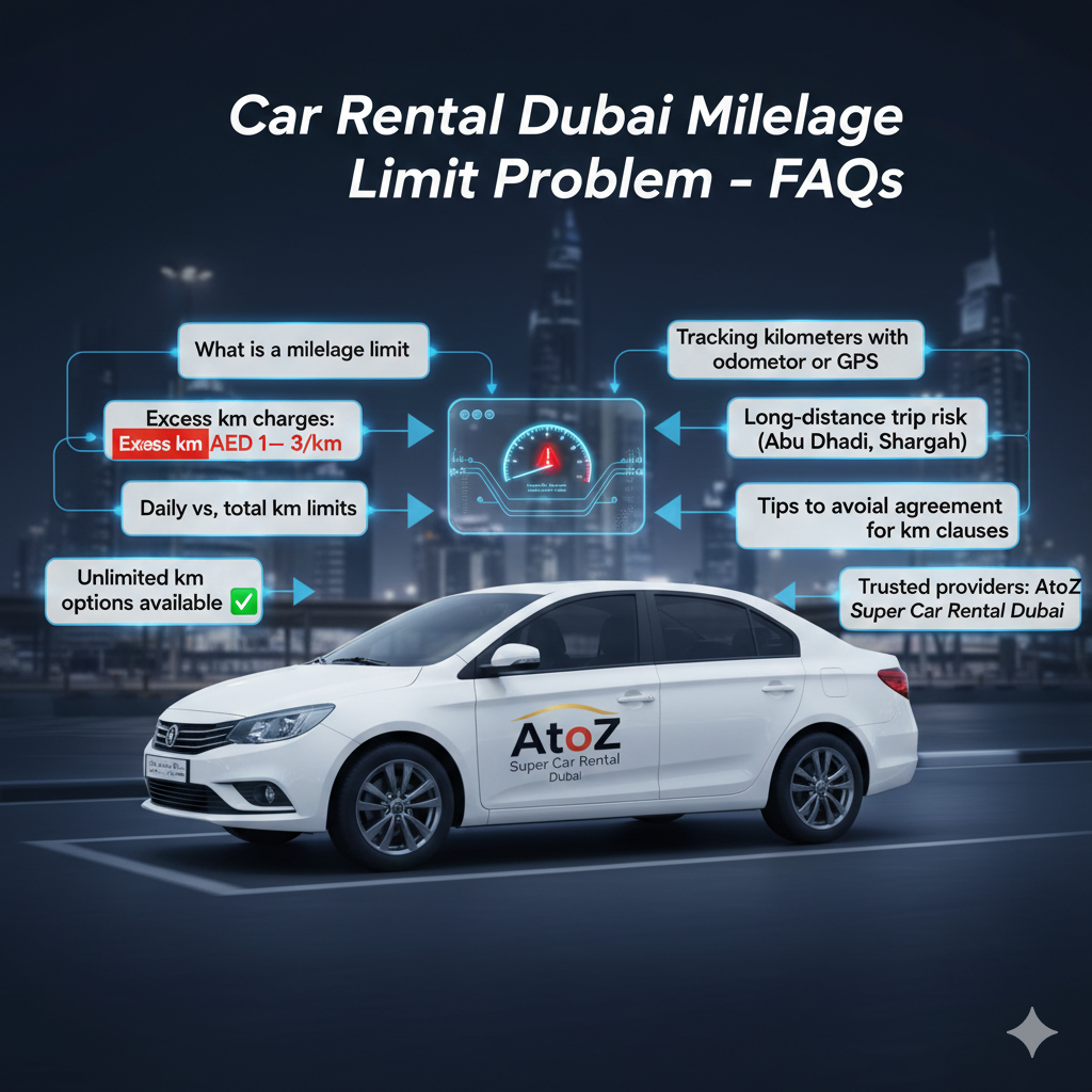 Infographic-style image showing rental car from AtoZ Super Car Rental Dubai with FAQ highlights about mileage limits, excess km charges, unlimited km options, tracking kilometers, and tips to avoid extra fees.