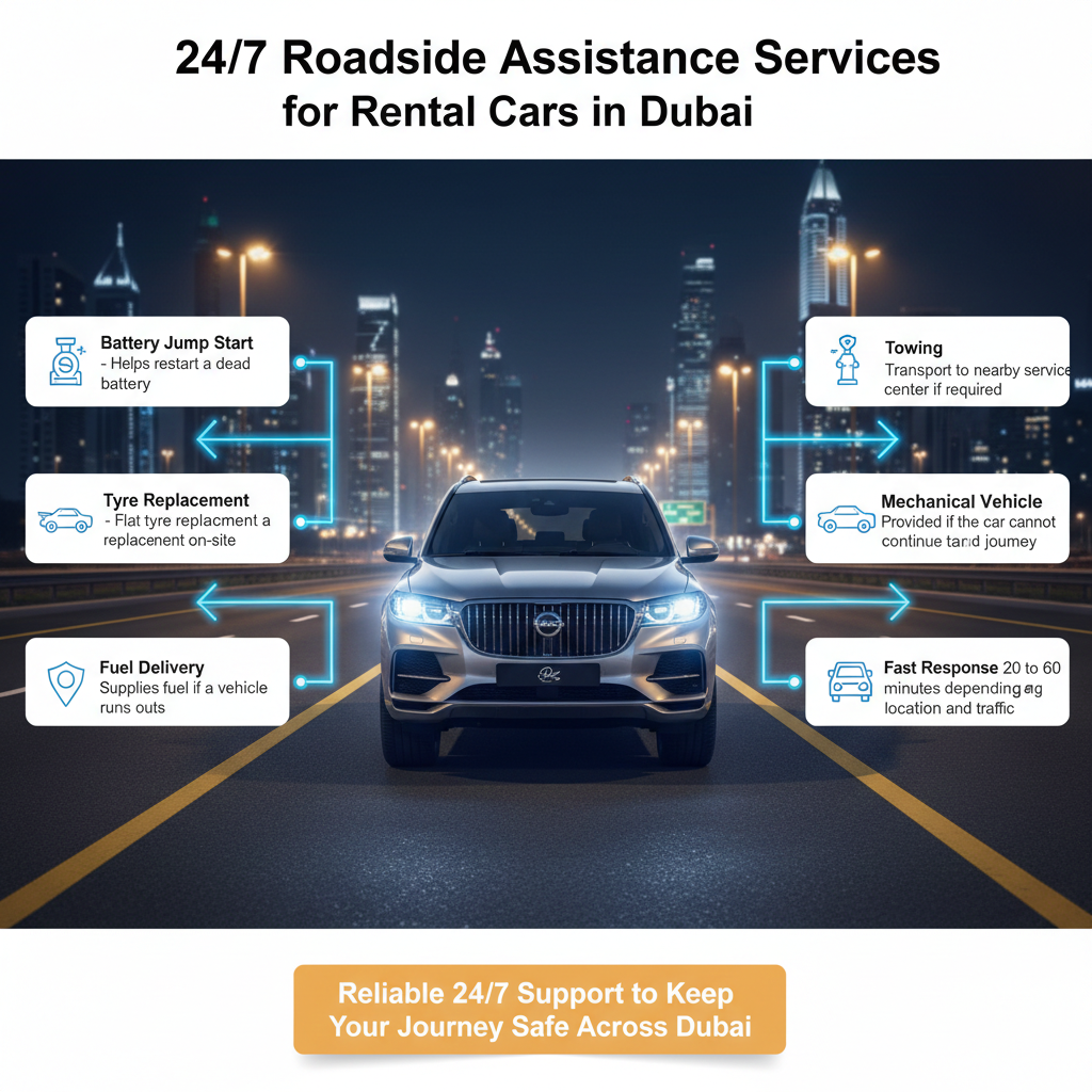 24/7 Roadside Assistance Services for Rental Cars in Dubai Infographic showing 24/7 roadside assistance service types for rental cars in Dubai, with a central premium vehicle and side-listed key services including battery jump start, tyre replacement, fuel delivery, towing, mechanical inspection, replacement vehicle, and fast response.