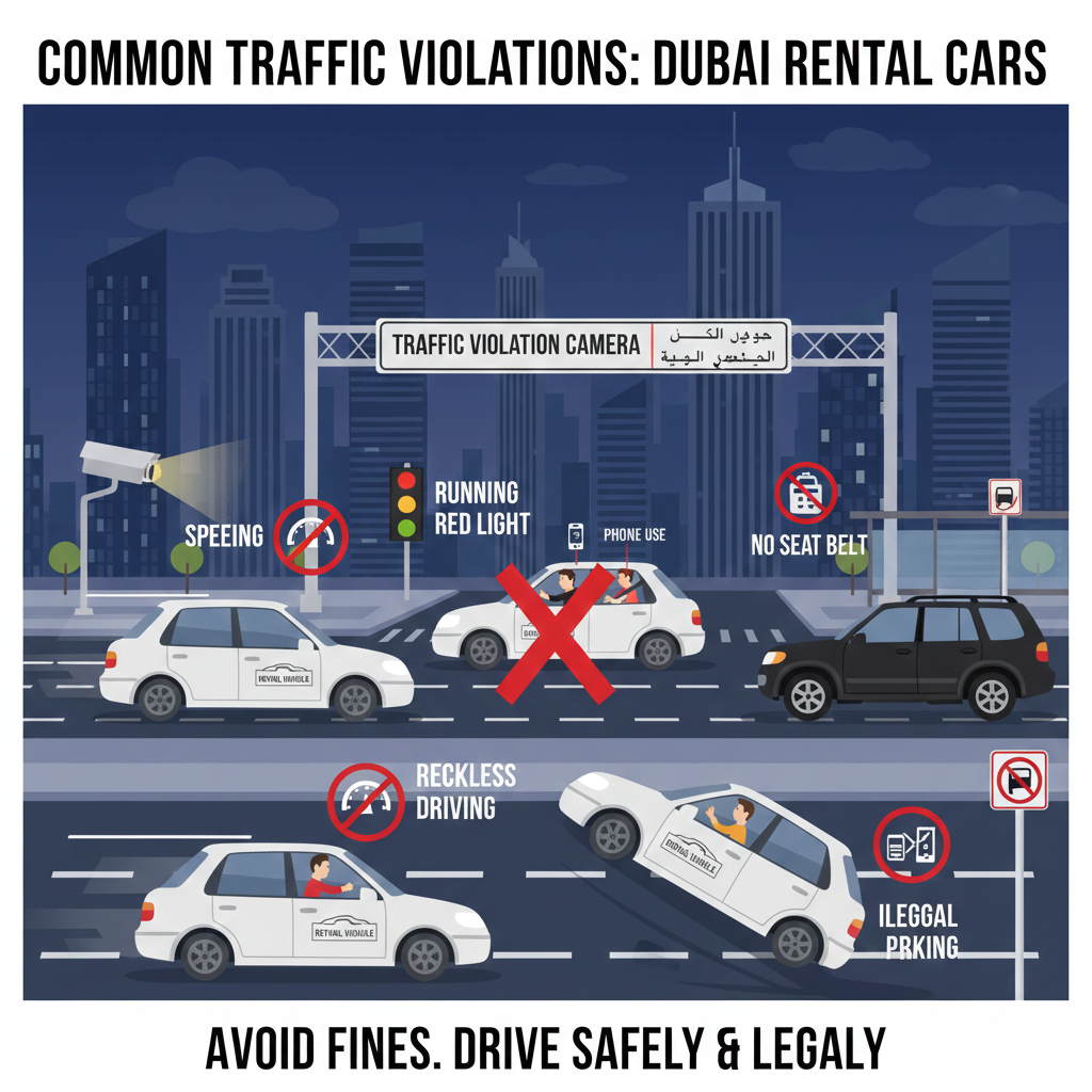 Common Traffic Violations for Rental Cars Dubai 2026 – Feature Image Illustration of a rental car in Dubai committing common traffic violations: speeding, red light running, illegal parking, driver without seat belt, passenger using phone, and reckless driving, with city roads and traffic signs visible.