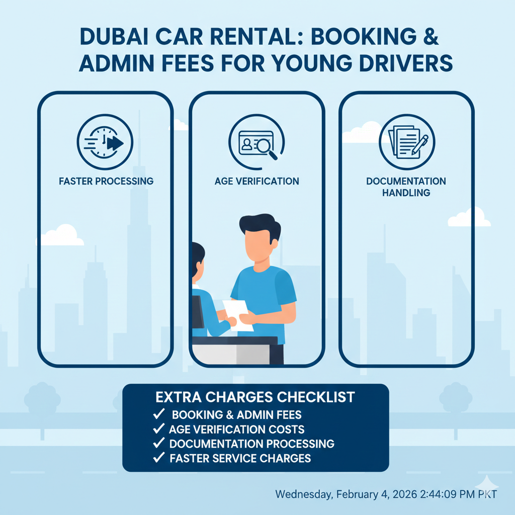 Infographic showing extra booking and administrative fees for Dubai young drivers with icons for age verification, documentation handling, and faster processing