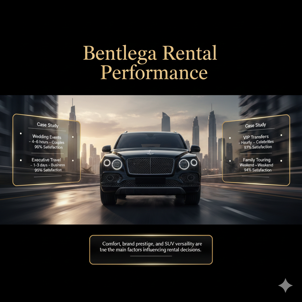Bentley Bentayga rental performance infographic showing booking duration, client type, satisfaction rates, and observation in cinematic luxury SUV editorial layout.