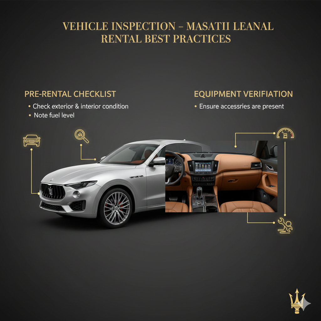 "Vehicle Inspection – Maserati Levante Rental Best Practices" "Infographic for 'Vehicle Inspection – Maserati Levante Rental Best Practices' showing title at the top, key inspection steps as bullet points on sides, and a central high-quality Maserati Levante image with animated infographic-style icons for inspection, fuel, and accessories."