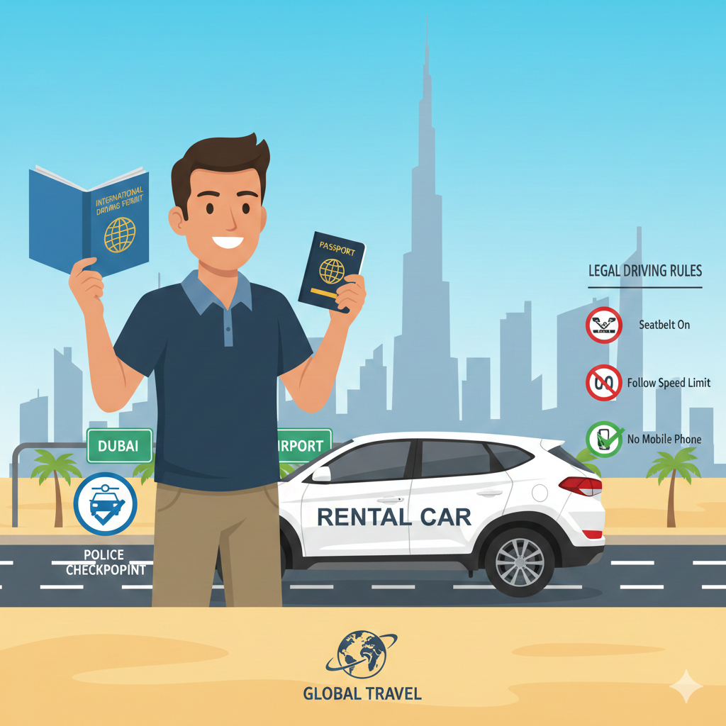 Tourist holding international driving permit and passport next to rental car in Dubai skyline infographic guide