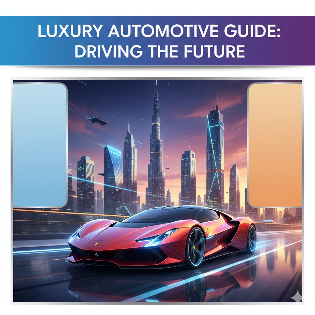 "Feature image for a Dubai car rental user guide, showing a luxury car in the center with Dubai skyline, title at the top, and empty side spaces for bullet points."