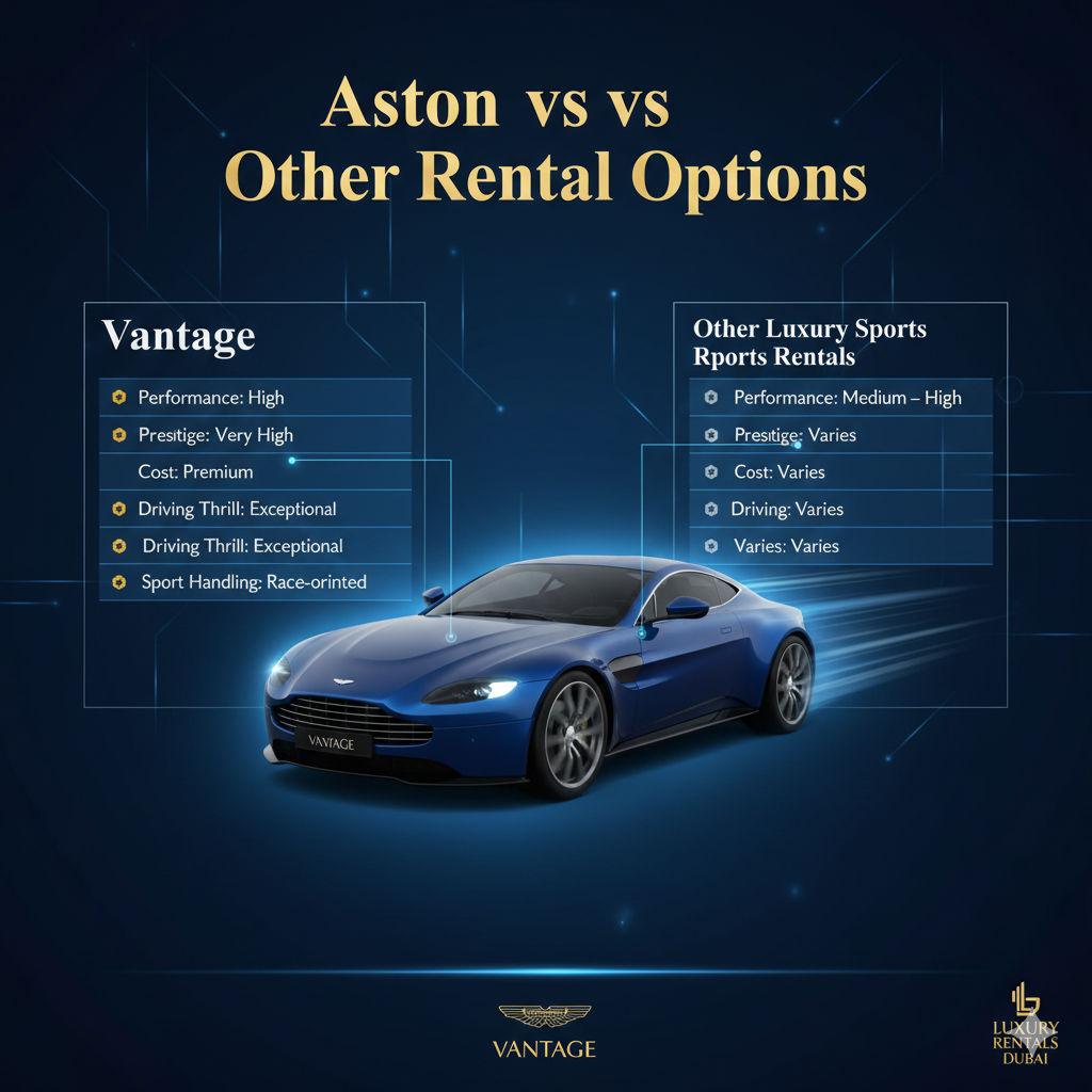 Infographic-style user guide showing Aston Martin Vantage in the center with title at the top and side spaces for a comparison table of Vantage versus other luxury sports rentals including Performance, Prestige, Cost, Driving Thrill, and Sport Handling.
