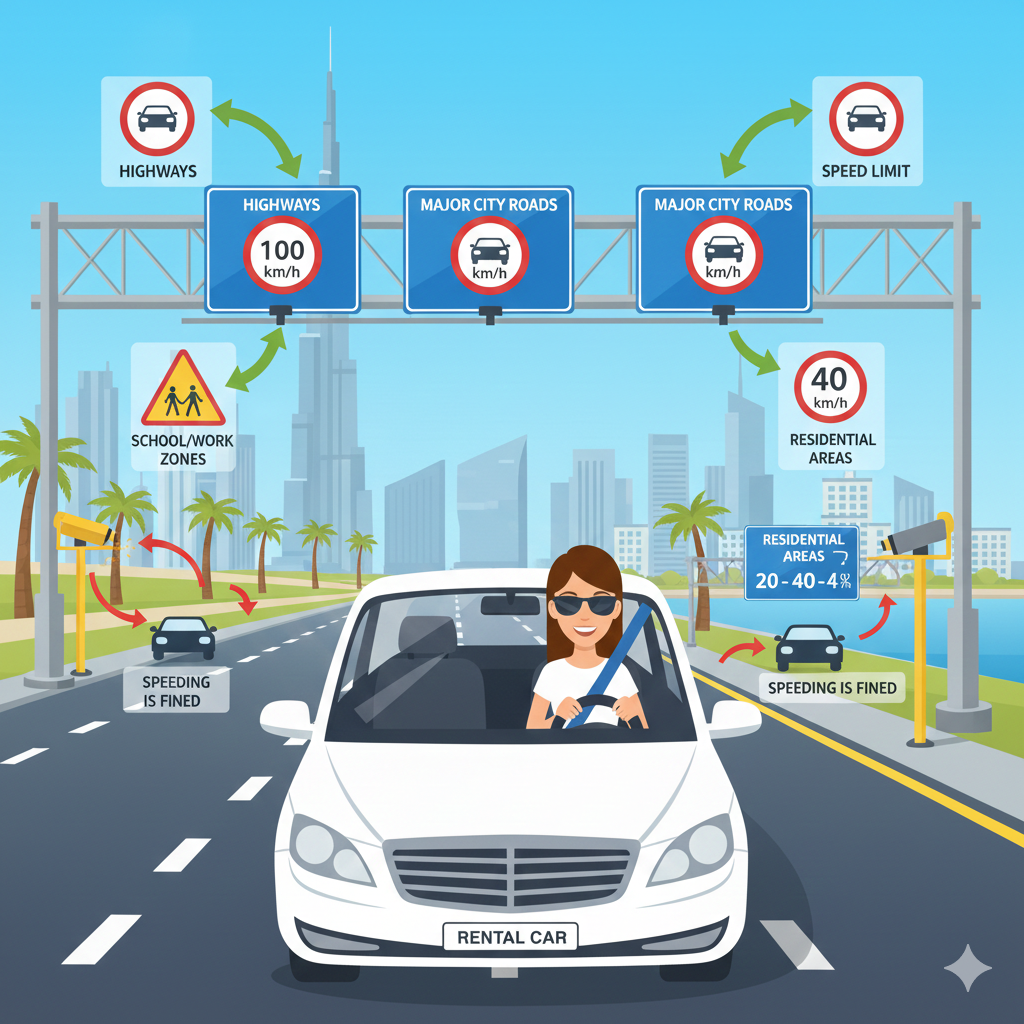 Driving Laws Dubai – Speed Limits & Enforcement “Tourist driving a car in Dubai with infographic-style road signs showing speed limits for highways, city roads, residential areas, and school zones, with traffic cameras and Dubai landmarks, user guide visual for tourist driving laws.”