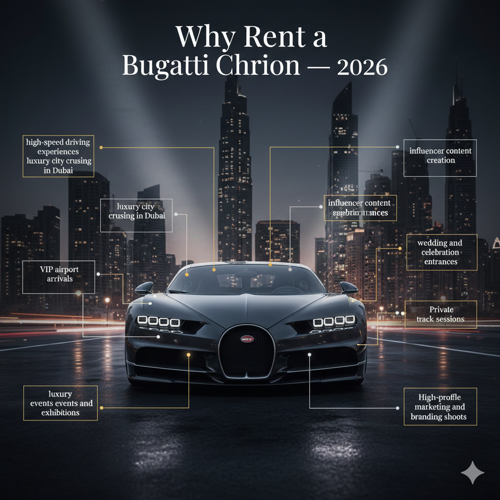Bugatti Chiron 2026 luxury rental infographic showing hypercar in center with key rental motivations highlighted around it
