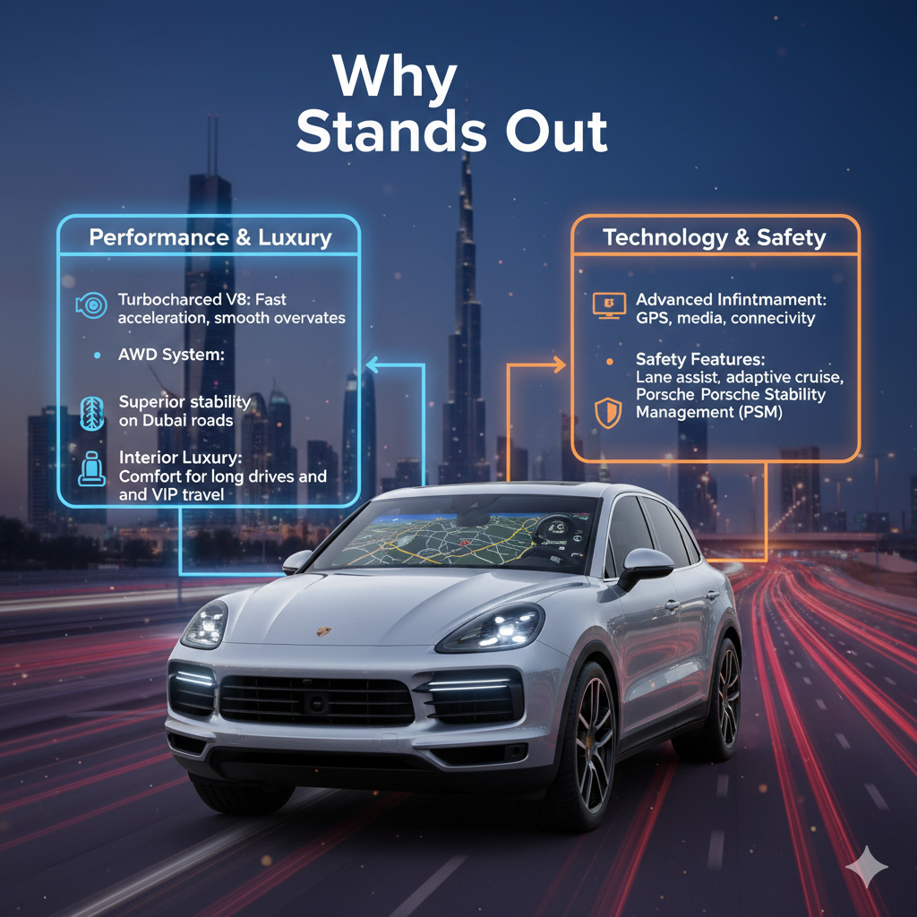 "Infographic showing why Porsche Cayenne Turbo stands out, central car with glowing headlights, key features and advantages displayed on sides, title on top."