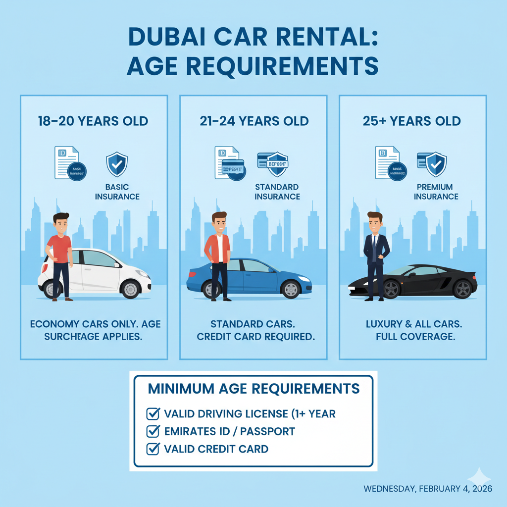 Infographic showing minimum age requirements for renting economy, standard, and luxury cars in Dubai with document and insurance icons