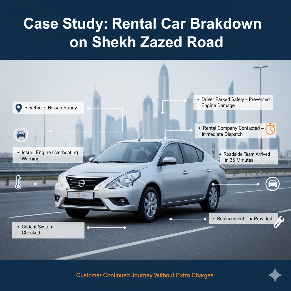 Infographic case study image showing a Nissan Sunny rental car breakdown on Sheikh Zayed Road with overheating issue and roadside assistance response timeline.