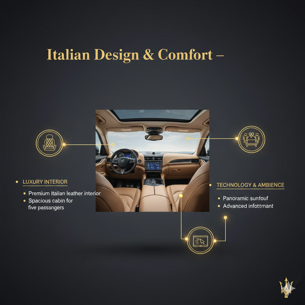 "Italian Design & Comfort – Maserati Levante Rental" "Infographic for 'Italian Design & Comfort – Maserati Levante Rental' showing title at the top, key interior and comfort features as bullet points on sides, and a central high-quality Maserati Levante interior image with animated infographic-style icons."