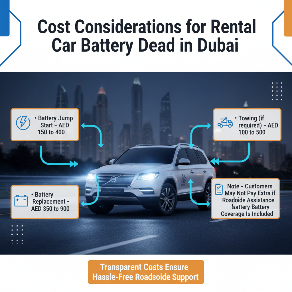 Infographic showing rental car battery dead cost considerations in Dubai, with a central premium vehicle and side-listed service costs including battery jump start, battery replacement, and towing, along with note about included coverage.