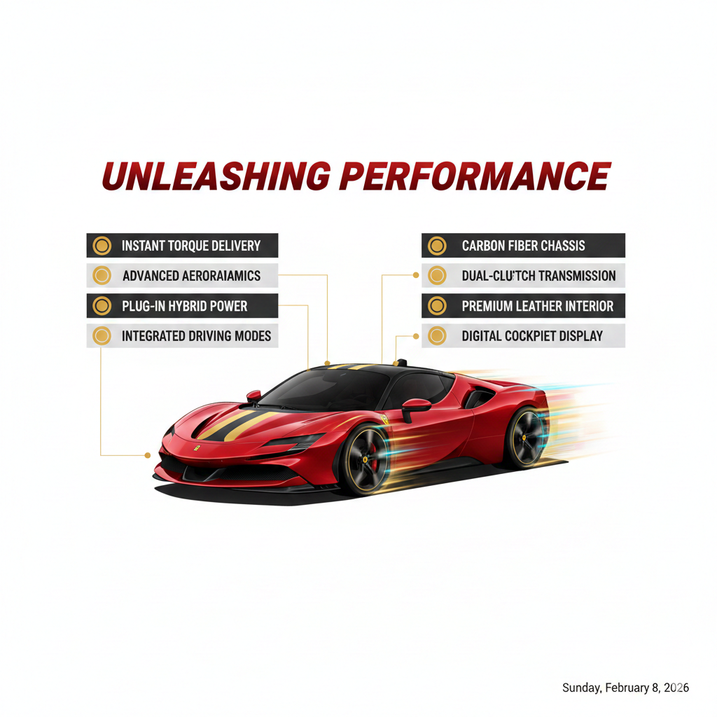 "High-quality animated-style user guide illustration showing main title at the top, central image of a Ferrari SF90 Stradale, and bullet points on the sides highlighting key information."