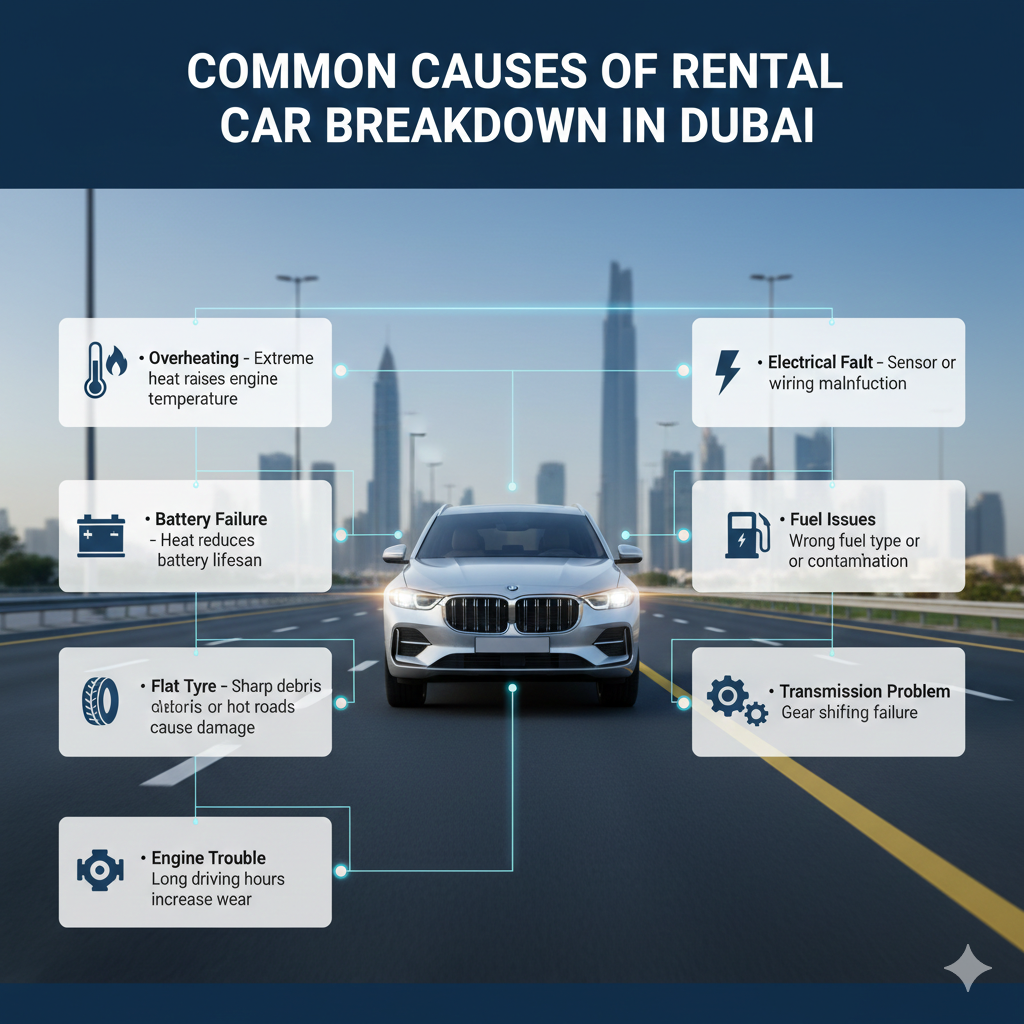 Infographic image showing common causes of rental car breakdown in Dubai with a central vehicle and side-listed breakdown reasons including overheating, battery failure, flat tyre, engine trouble, electrical fault, fuel issues, and transmission problems.