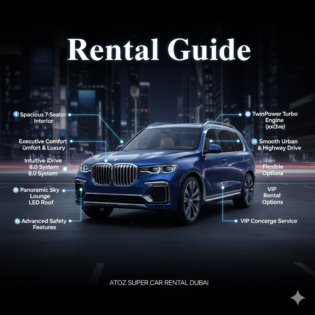 BMW X7 Rental Guide visual showing a luxury BMW X7 in the center with key user guide points displayed on sides and the title 'BMW X7 Rental Guide' at the top.